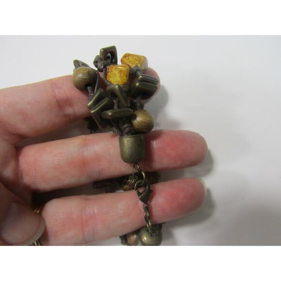 Brass Brown Marble Yellow 3 Tier Bracelet 5 1/2" Boho Whimsigoth Cottagecore - Picture 3 of 4